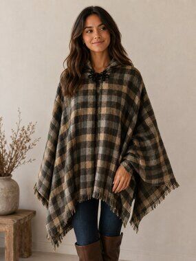 Plaid Hooded Poncho Cape Ruana Kimono Cottagecore Lagenlook Cabincore Boho OS